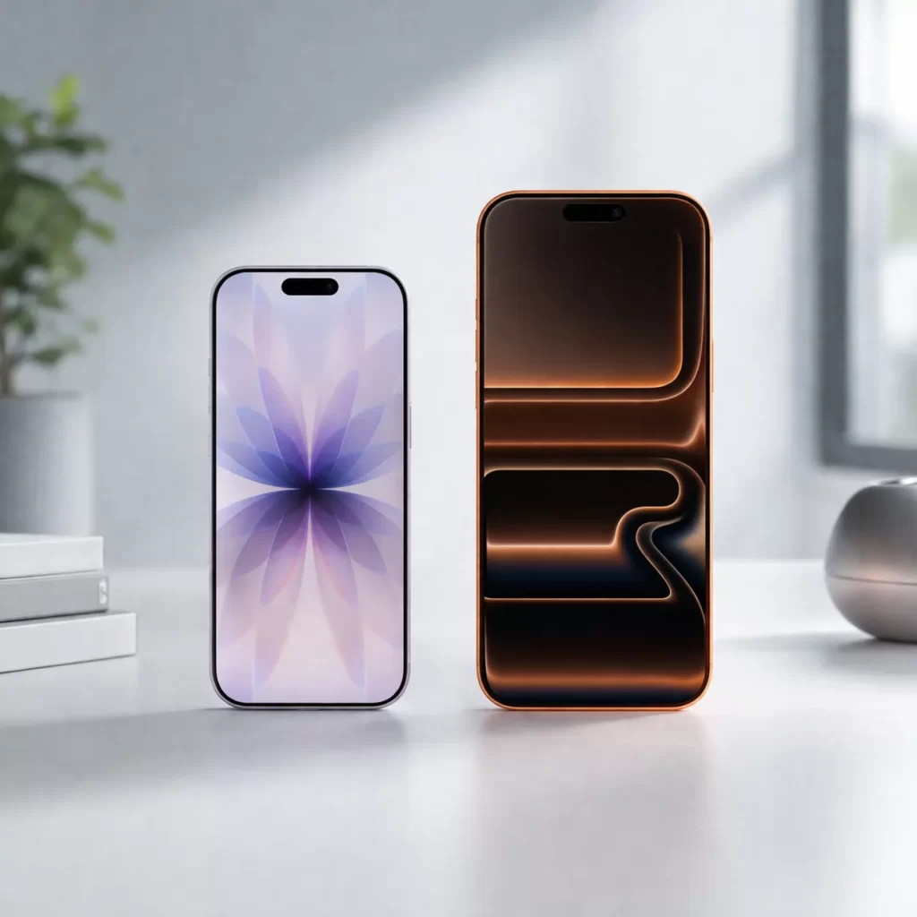 iPhone 17 vs iPhone 17 Pro Max ตั้งคู่กันบนโต๊ะเรียบ เห็นด้านหน้าของเครื่องขนาดเล็กและขนาดใหญ่ในฉากสว่างสะอาด
