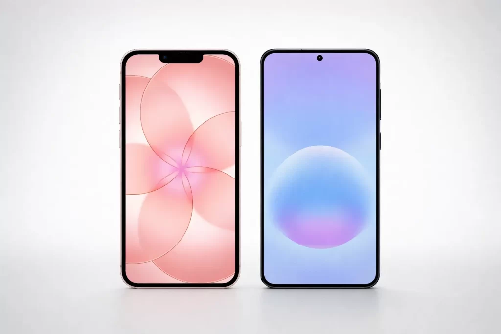 หน้าจอของ iPhone 17e vs Samsung Galaxy A57 วางคู่กันบนฉากสว่างเพื่อให้เห็นขนาดและดีไซน์ด้านหน้า
