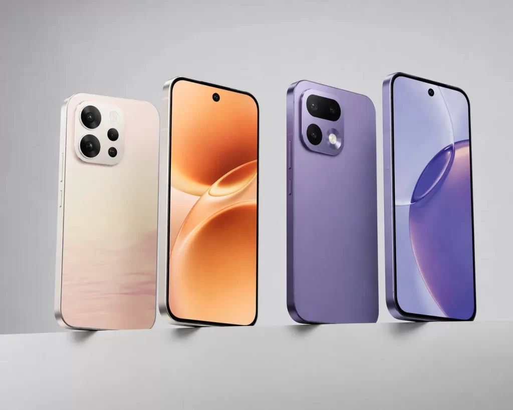 ตัวเครื่องด้านหน้าและด้านหลังของ vivo V70 vs realme 16 Pro 5G จัดวางเฉียงบนฉากสว่างเรียบ
