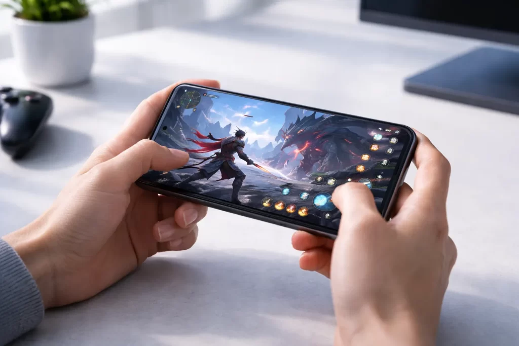 มือถือเล่นเกม อยู่ในมือทั้งสองข้าง ขณะกำลังกดควบคุมฉากต่อสู้บนโต๊ะทำงานสีอ่อน
