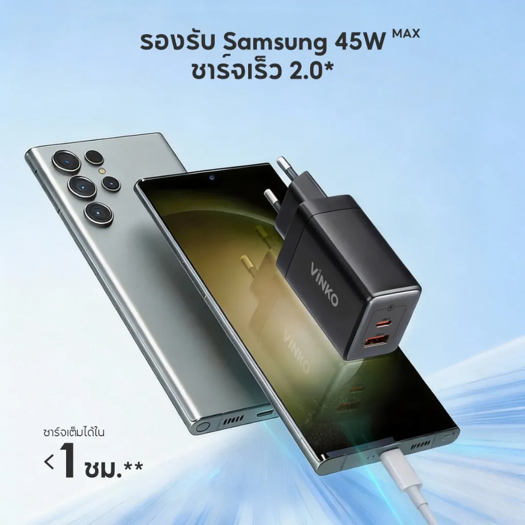 หัวชาร์จ VINKO K2003 45W GaN ใช้งานกับมือถือ Samsung พร้อมพลังงานสูงสุด 45W