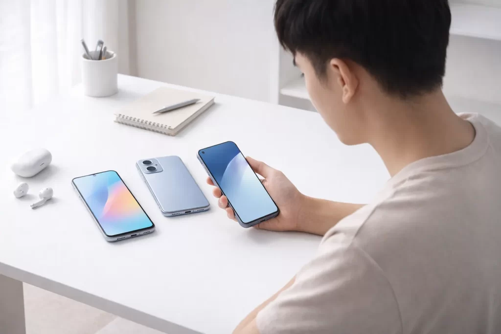 ผู้ใช้กำลังเปรียบเทียบ มือถือราคาไม่เกิน 10,000 บนโต๊ะทำงานเรียบสะอาด พร้อมสมุดโน้ตและหูฟัง