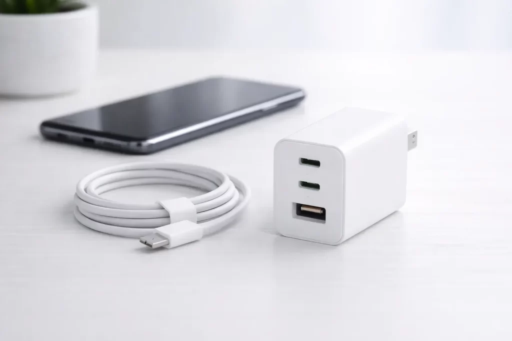 อุปกรณ์หลายพอร์ตสีขาววางข้างสาย USB-C ที่ขดเรียบร้อย บนโต๊ะสีอ่อน มีอุปกรณ์สีเข้มอยู่ด้านหลัง
