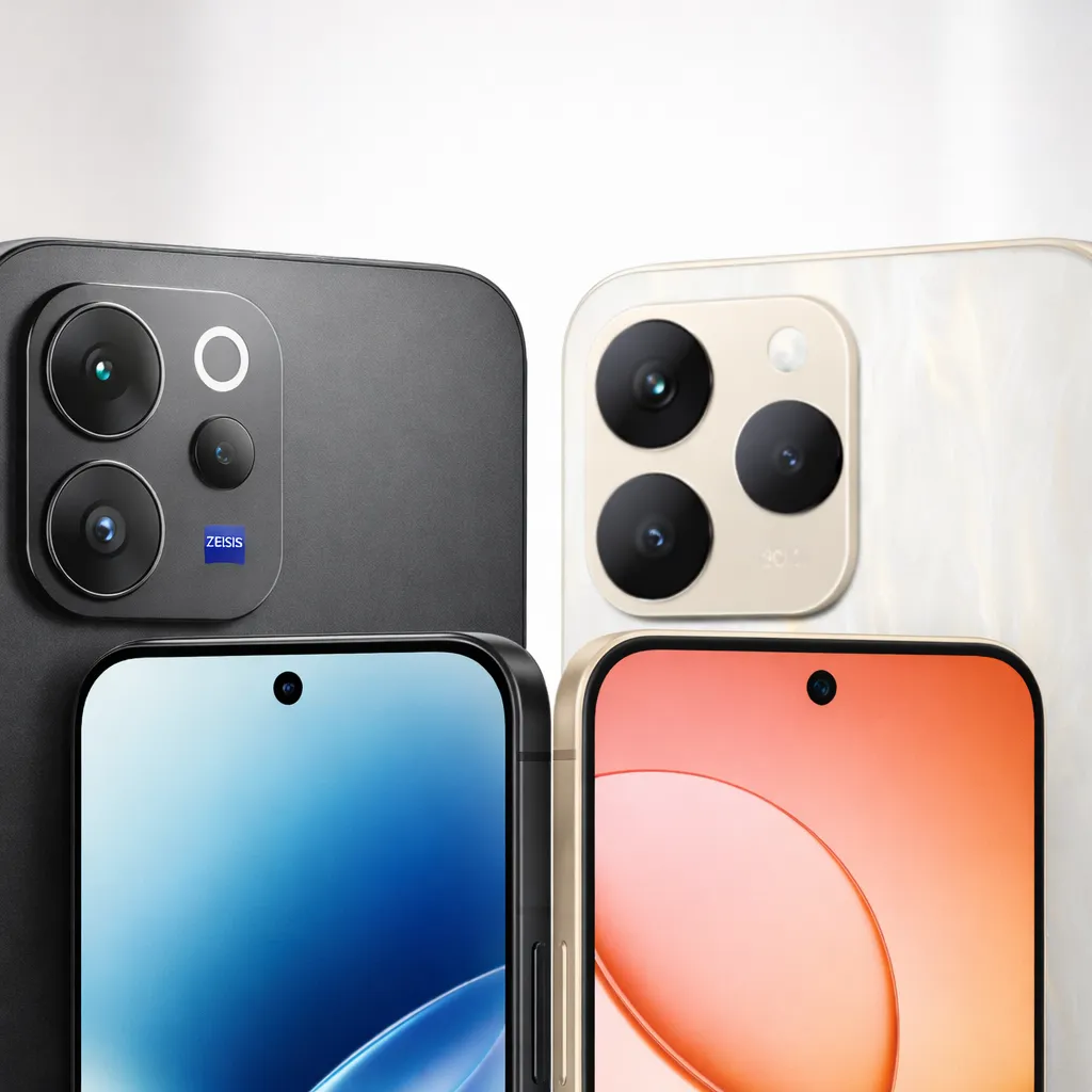 โคลสอัป vivo V70 vs realme 15T เน้นโมดูลกล้องหลังและหน้าจอเจาะรูของทั้งสองเครื่องในฉากสตูดิโอเรียบสะอาด