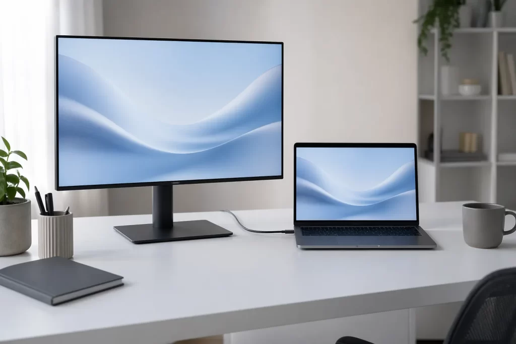 โต๊ะทำงานเรียบสะอาดที่ใช้ พอร์ต USB-C กับสาย USB-C เชื่อมต่อโน้ตบุ๊กเข้ากับจอภายนอก