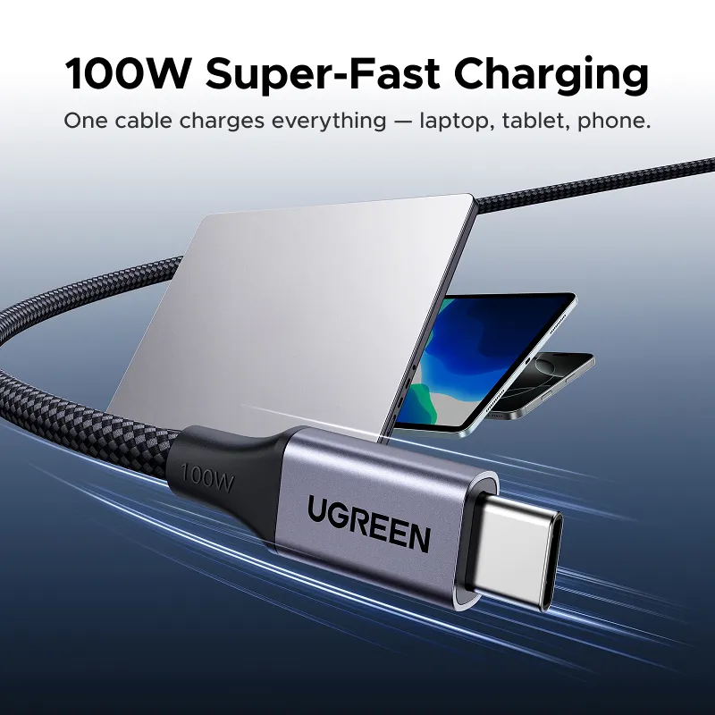 สาย USB C UGREEN 100W ใช้ชาร์จโน้ตบุ๊ก แท็บเล็ต และสมาร์ทโฟนได้ในเส้นเดียว