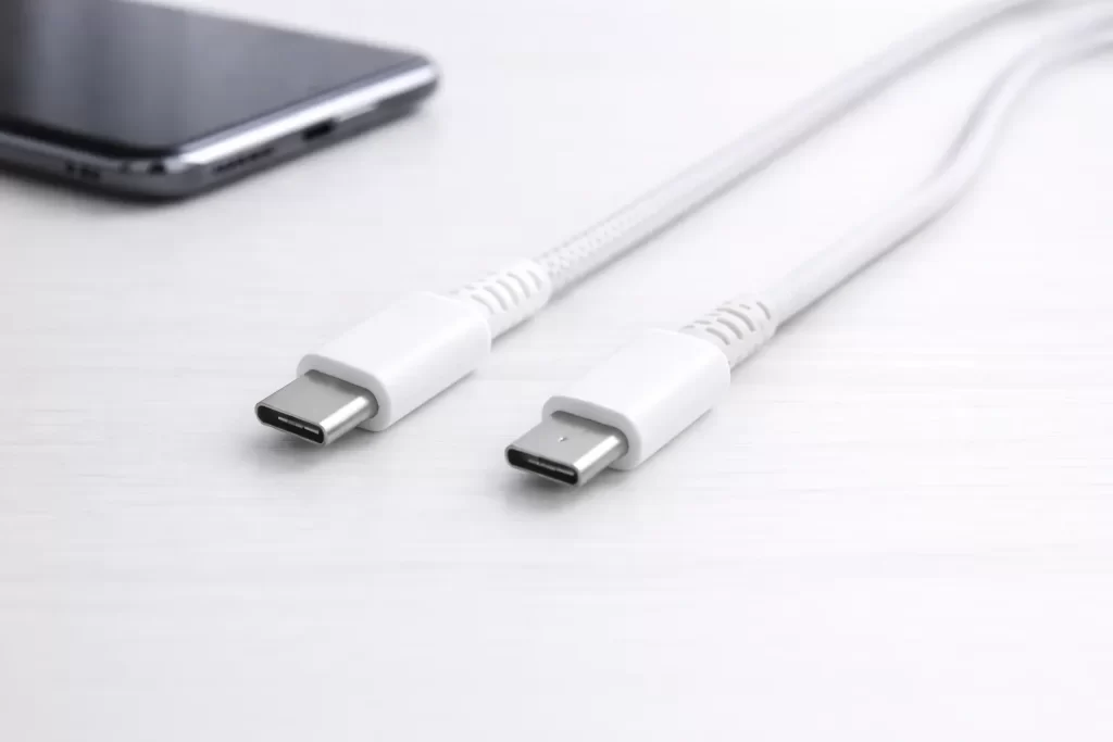สาย USB-C สองเส้นวางคู่กันบนโต๊ะสีอ่อน มีอุปกรณ์สีเข้มอยู่ด้านหลังแบบเบลอ