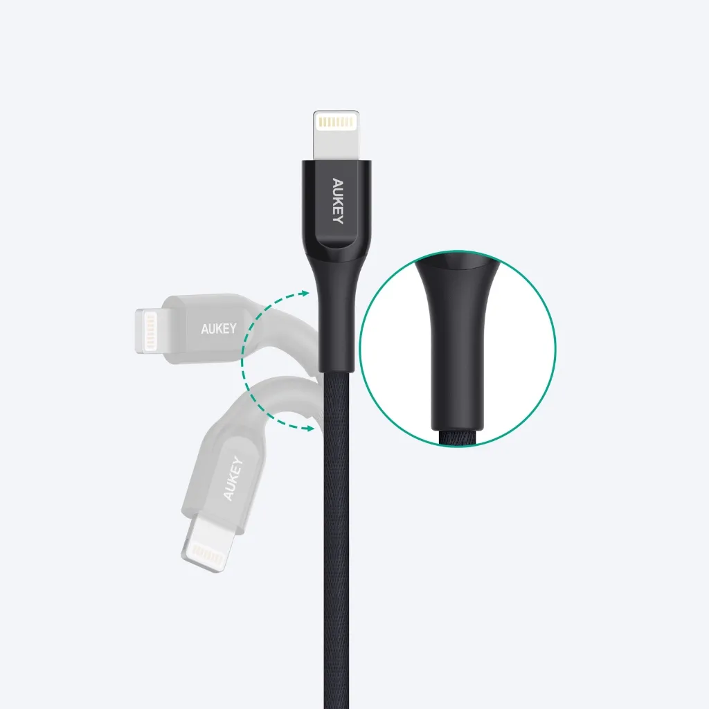สายชาร์จ AUKEY CB-AKL3 โชว์หัวต่อ Lightning และโครงสร้างบริเวณข้อต่อที่ออกแบบให้ทนงอ