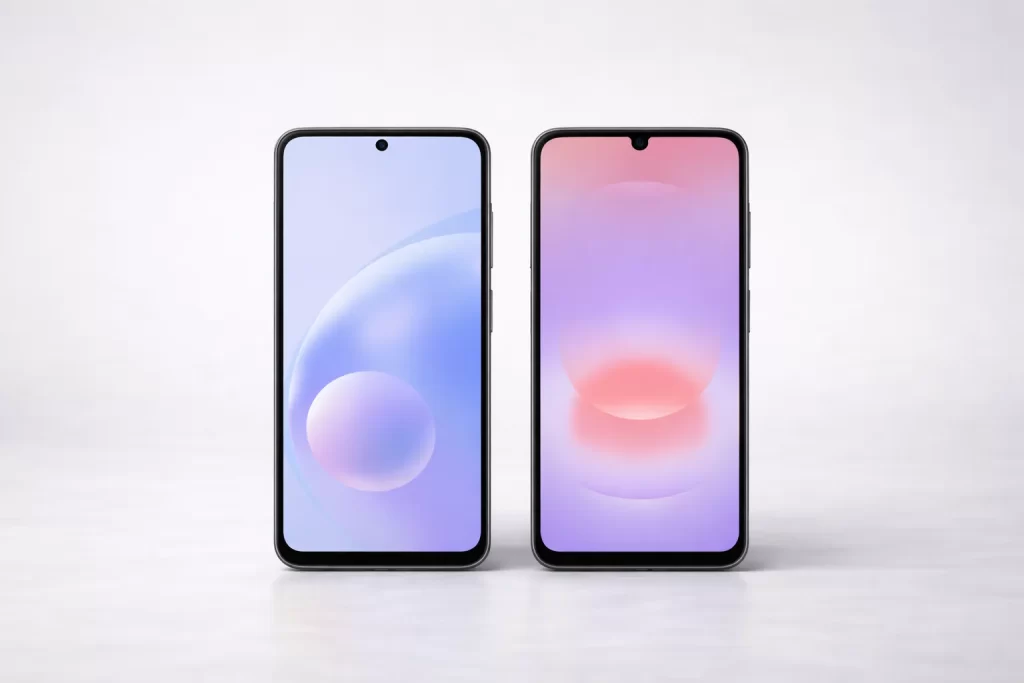 หน้าจอคู่ Samsung Galaxy A57 vs A37 วางเทียบกันบนพื้นหลังสีเทาอ่อน แสดงโทนสีหน้าจอที่ต่างกัน
