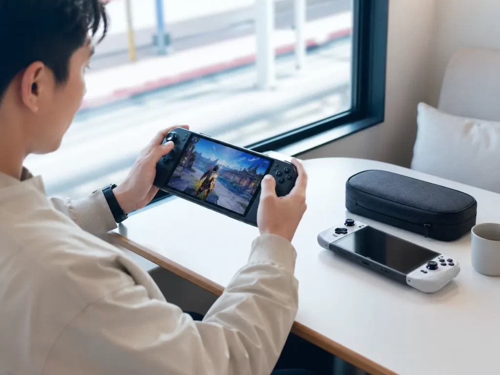 คนกำลังเล่นเครื่องเกมพกพาในคาเฟ่ พร้อมอุปกรณ์และกระเป๋าวางบนโต๊ะอย่างเป็นระเบียบ