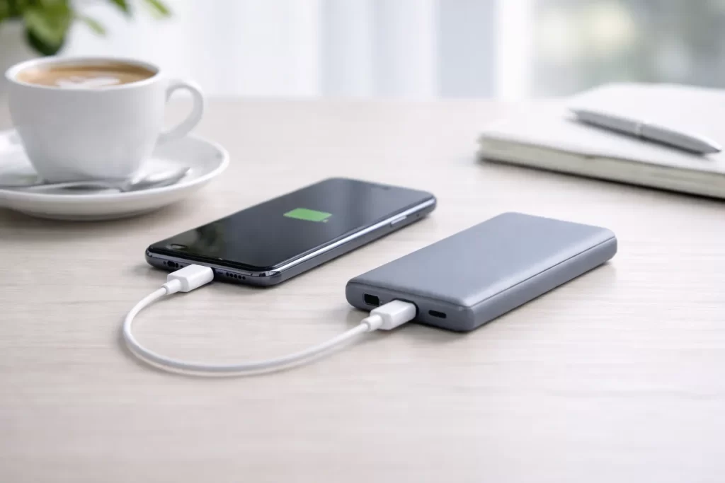 Power Bank สีเทาวางบนโต๊ะคาเฟ่ เชื่อมต่อกับอุปกรณ์สีเข้ม ข้างแก้วกาแฟและสมุดโน้ต