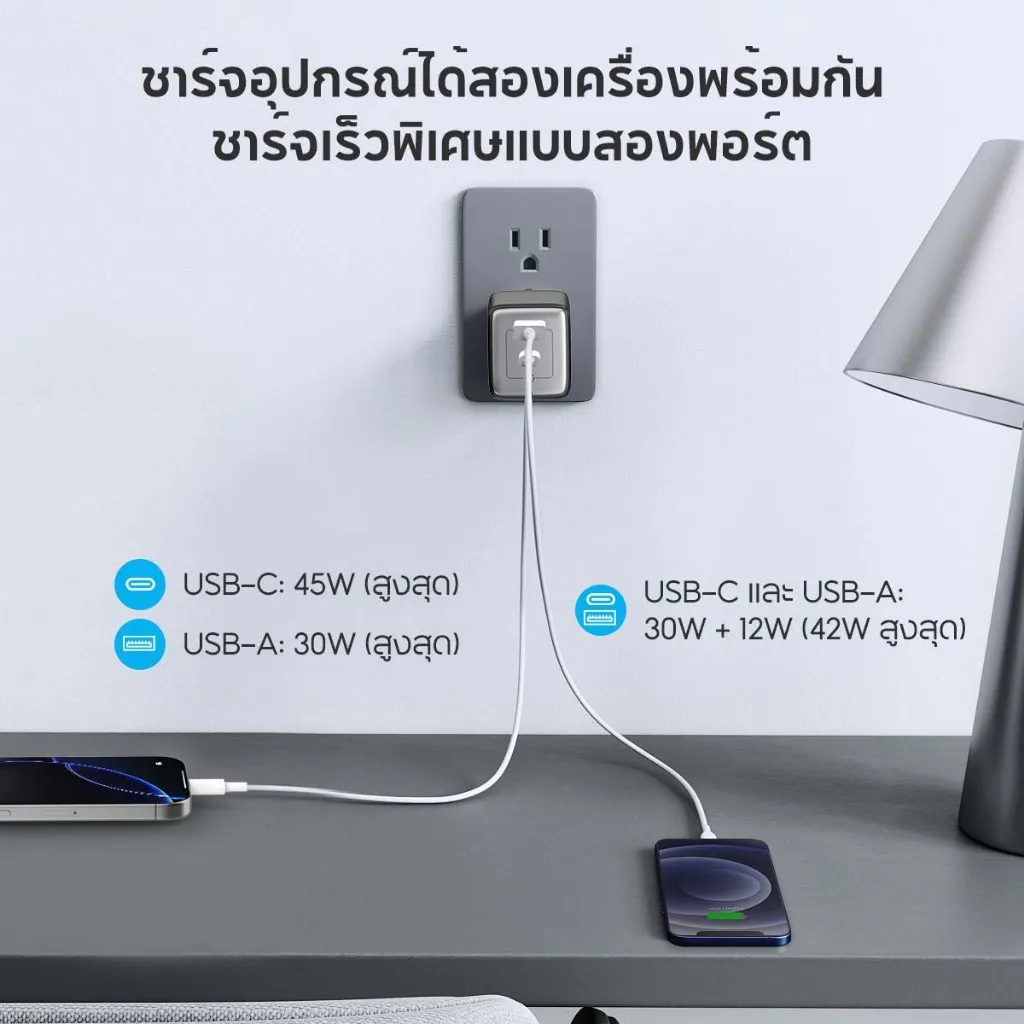 อุปกรณ์สีเทาเสียบกับปลั๊กผนังพร้อมสายสองเส้นบนโต๊ะทำงานเรียบง่าย