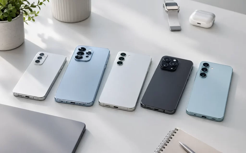มือถือหลายรุ่นวางเรียงบนโต๊ะสว่าง สำหรับเปรียบเทียบก่อนเลือกซื้อเครื่องใหม่