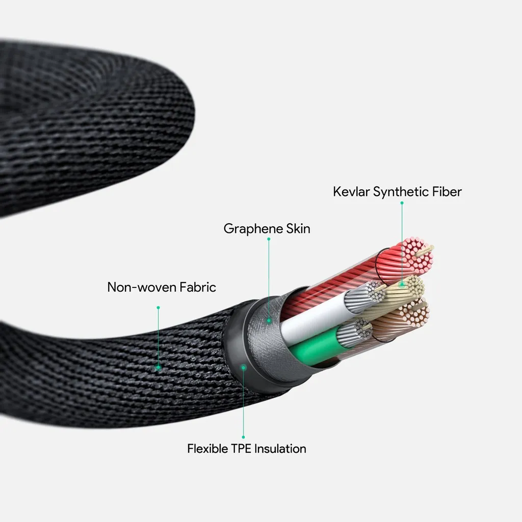 โครงสร้างวัสดุภายในแบบหลายชั้น พร้อมผิวถักสีดำและแกน Kevlar Synthetic Fiber