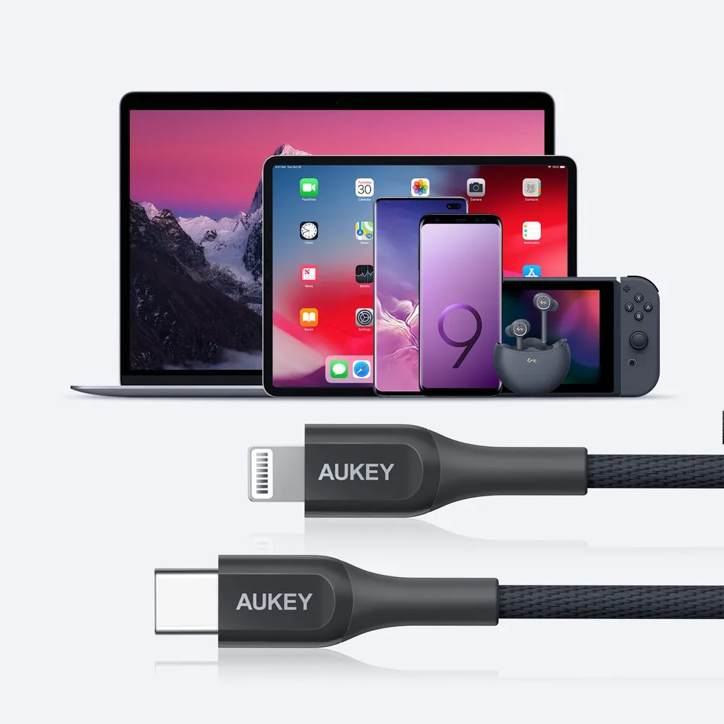 อุปกรณ์เชื่อมต่อสีดำวางคู่กับ iPhone, iPad, MacBook และอุปกรณ์ Apple หลายชนิด