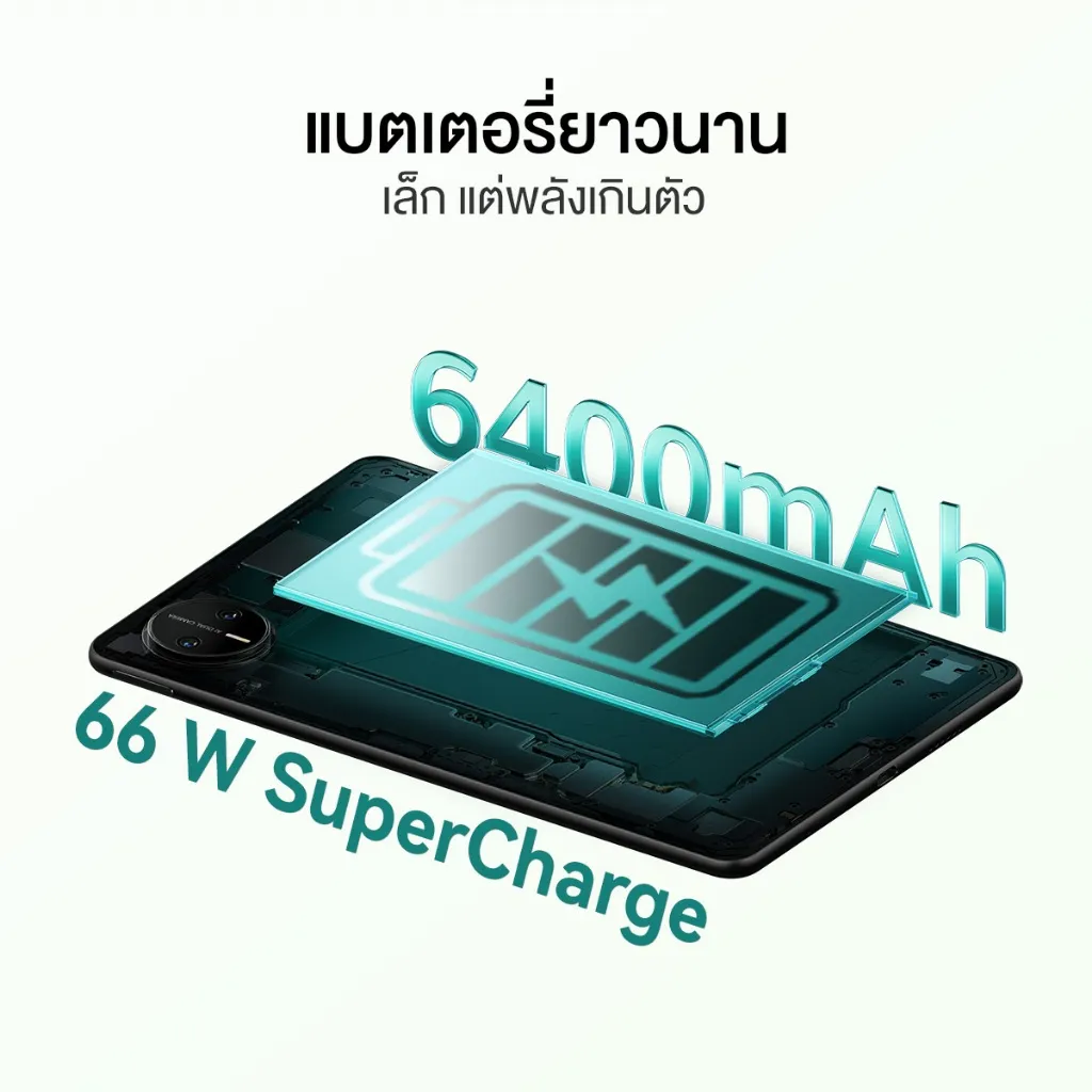 แบตเตอรี่ 6400mAh พร้อมระบบชาร์จไว 66W สำหรับใช้งานต่อเนื่องและชาร์จกลับได้เร็ว