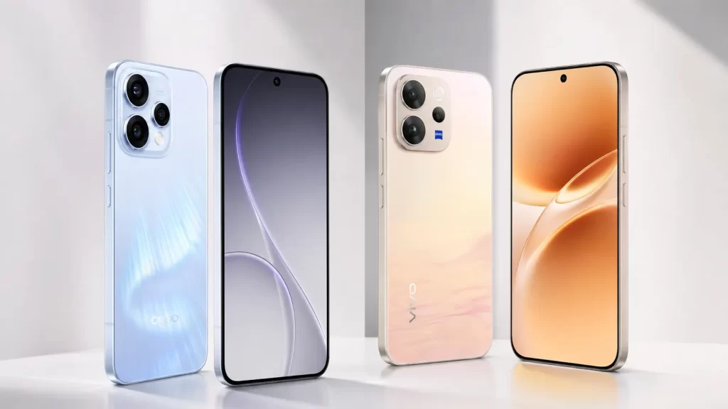 OPPO Reno15 5G vs vivo V70 วางคู่กันในสตูดิโอสว่าง เห็นด้านหน้าและด้านหลังของมือถือทั้งสองรุ่น