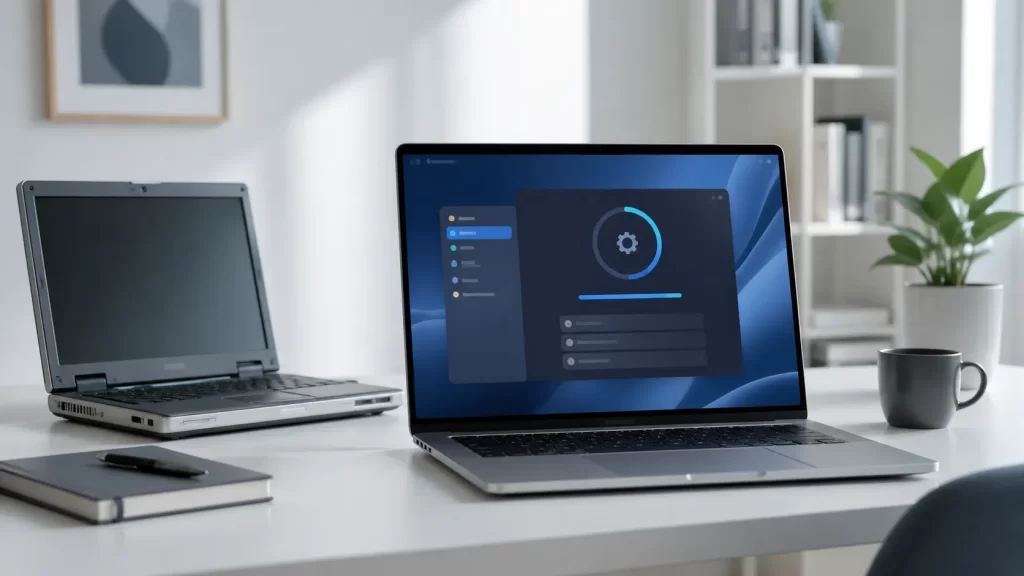 โน้ตบุ๊กใหม่แสดงหน้าจออัปเดตหลัง Windows 10 หมดซัพพอร์ต บนโต๊ะทำงานสไตล์มินิมอล