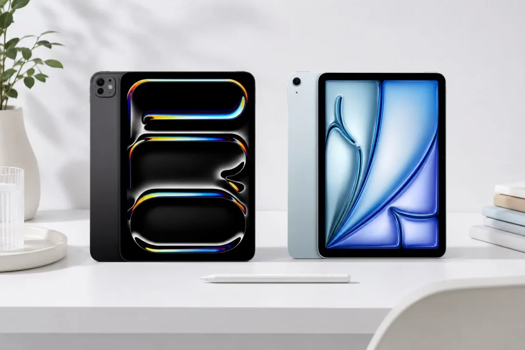 iPad Pro M5 vs iPad Air M4 วางคู่กันบนโต๊ะทำงานสีขาว พร้อมปากกา สำหรับเปรียบเทียบก่อนซื้อ