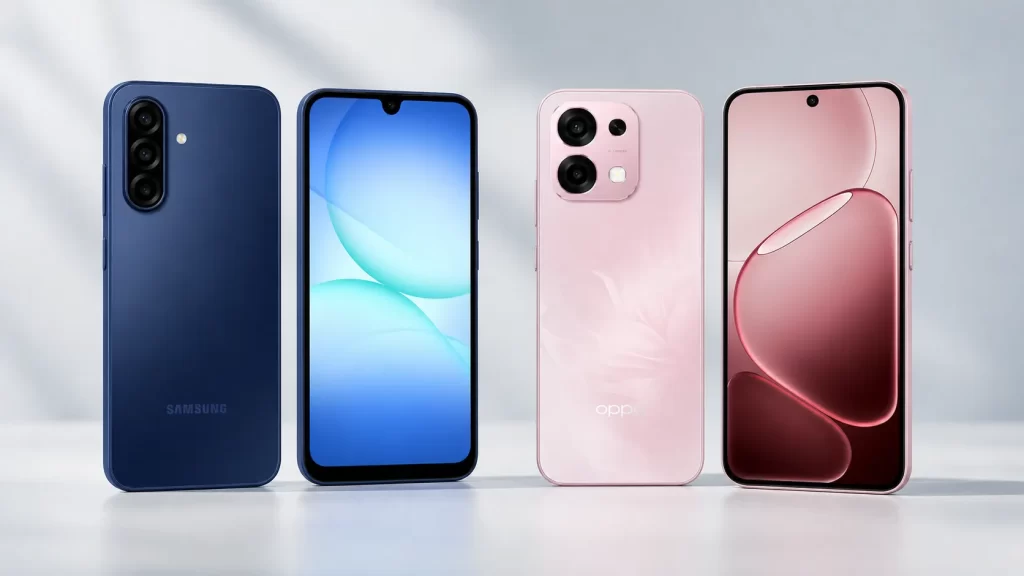 Samsung Galaxy A17 5G vs OPPO A6 Pro 5G วางเทียบกันทั้งด้านหน้าและด้านหลังบนฉากสว่างสะอาด