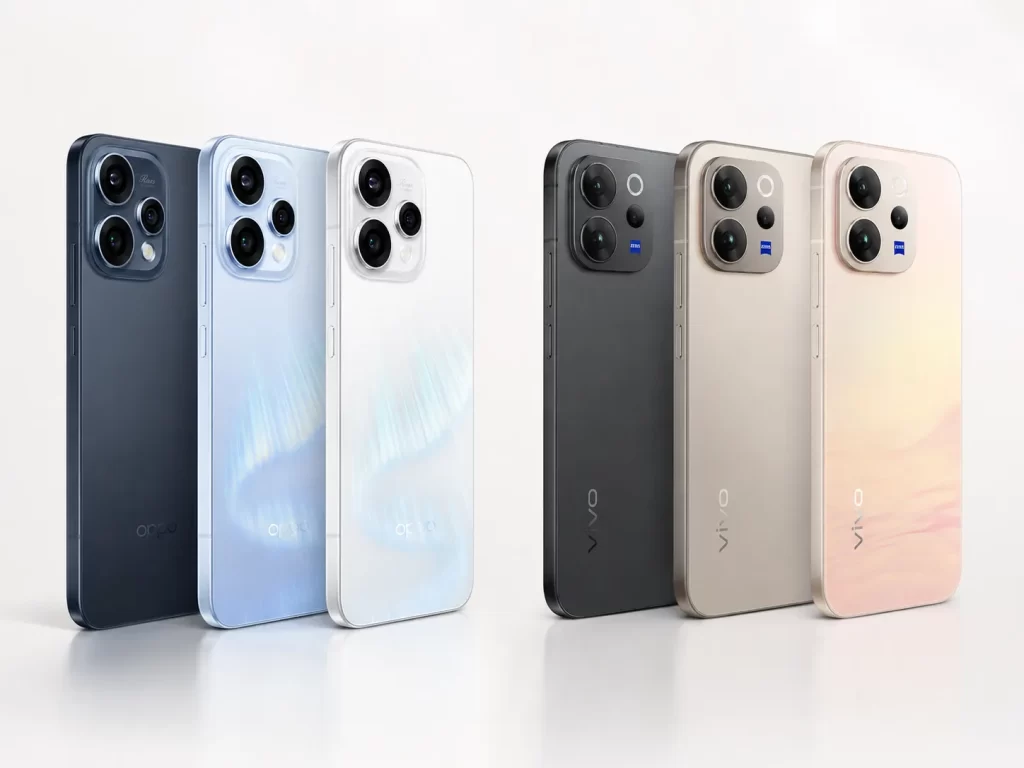 OPPO Reno15 5G vs vivo V70 เรียงหลายสีบนพื้นหลังสว่าง เน้นดีไซน์ฝาหลังและชุดกล้องของแต่ละรุ่น