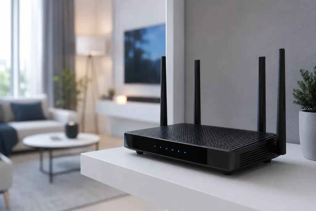 Wi-Fi 7 คืออะไร กับเราเตอร์สีดำบนชั้นวางในห้องนั่งเล่นสมัยใหม่