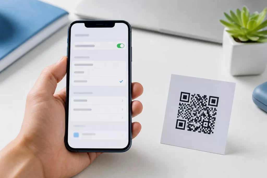 eSIM คืออะไร การเปิดใช้งานบนสมาร์ทโฟนด้วย QR Code บนโต๊ะทำงานสะอาด