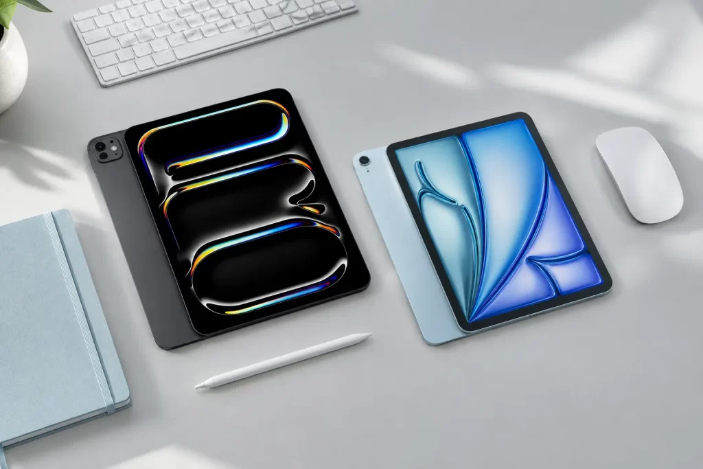 iPad Pro M5 vs iPad Air M4 บนโต๊ะทำงานมุมบน พร้อมปากกา เมาส์ และสมุดสีฟ้า