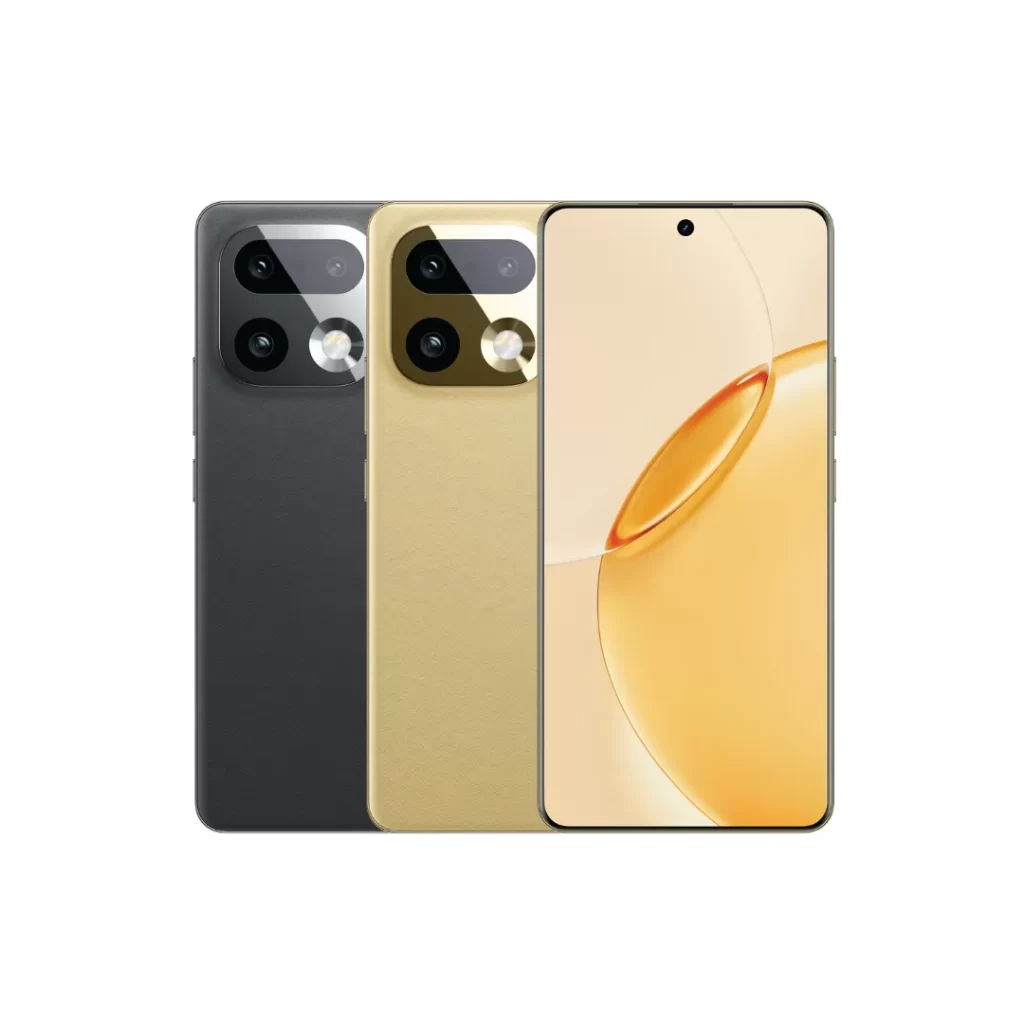 realme 16 Pro+ 5G ตัวเครื่องสองสี วางโชว์ด้านหน้าและด้านหลัง เห็นจอขอบบางและโมดูลกล้องขนาดใหญ่