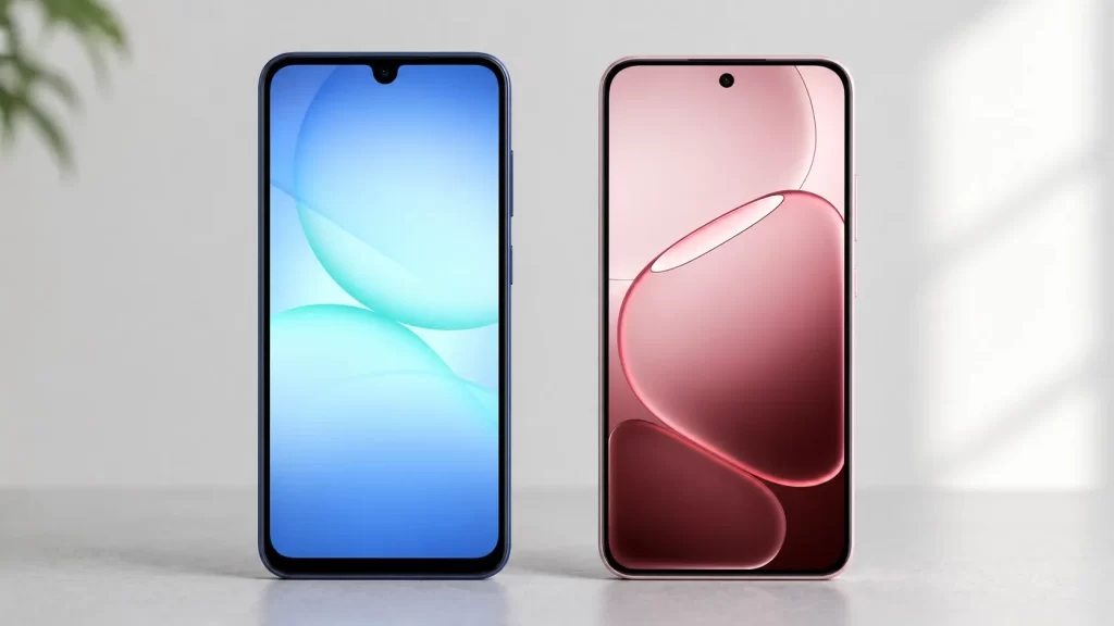 Samsung Galaxy A17 5G vs OPPO A6 Pro 5G แสดงหน้าจอคู่กันให้เห็นรอยบากและกล้องหน้าแบบเจาะรู
