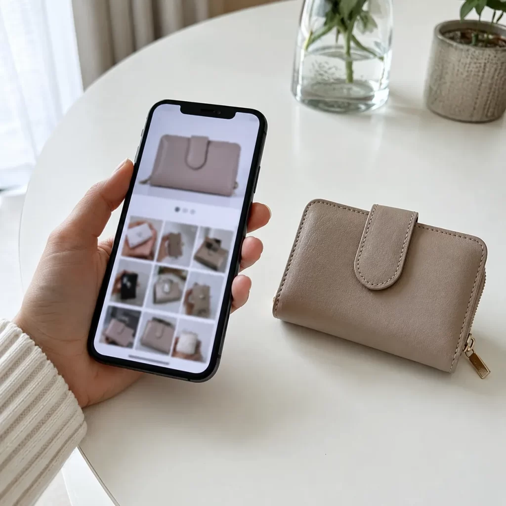รีวิวสินค้าออนไลน์น่าเชื่อถือ จากรูปผู้ซื้อเทียบกับกระเป๋าสตางค์จริงบนโต๊ะ