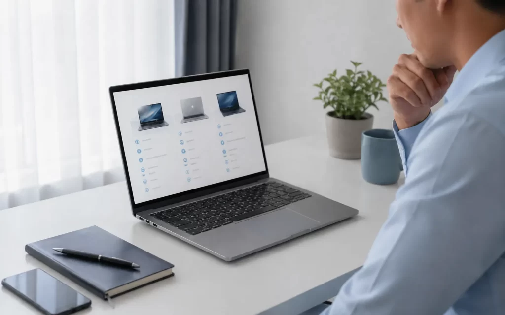 ผู้ใช้กำลังเปรียบเทียบโน้ตบุ๊กใหม่หลัง Windows 10 หมดซัพพอร์ต บนโต๊ะทำงานสว่างสะอาด