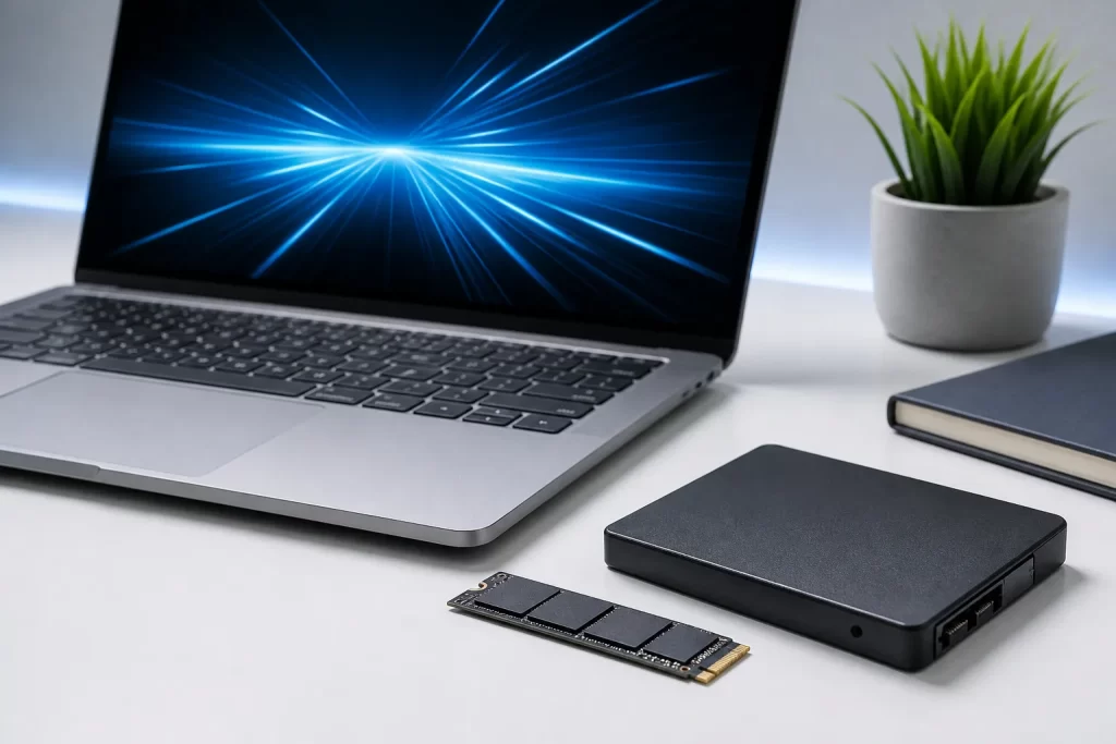 อุปกรณ์ SSD และพื้นที่จัดเก็บข้อมูลบนโต๊ะเทคโนโลยีโทนขาวเทา สื่อถึงความเร็วและความลื่นไหล