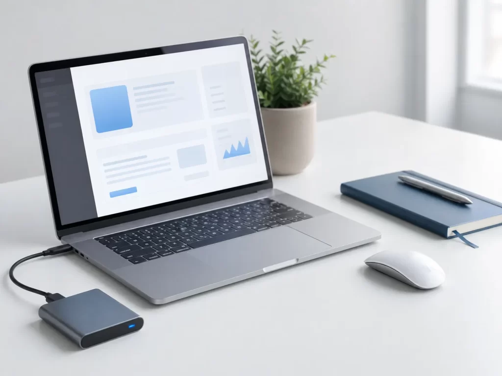 โน้ตบุ๊กพร้อม SSD ภายนอก เมาส์ไร้สาย และสมุดโน้ตบนโต๊ะทำงานสีขาว