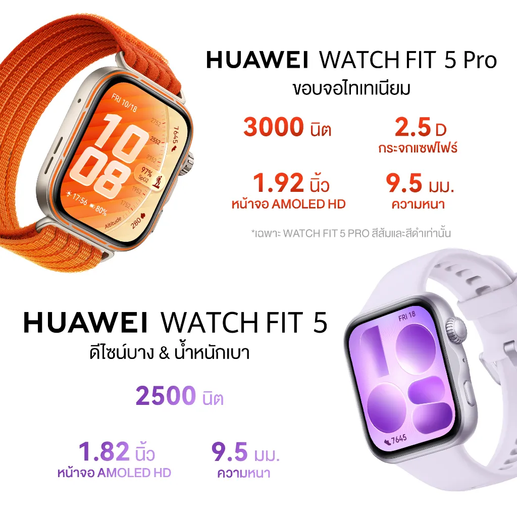 HUAWEI WATCH FIT 5 Pro และรุ่นมาตรฐาน เทียบหน้าจอ AMOLED ดีไซน์บาง และความสว่าง