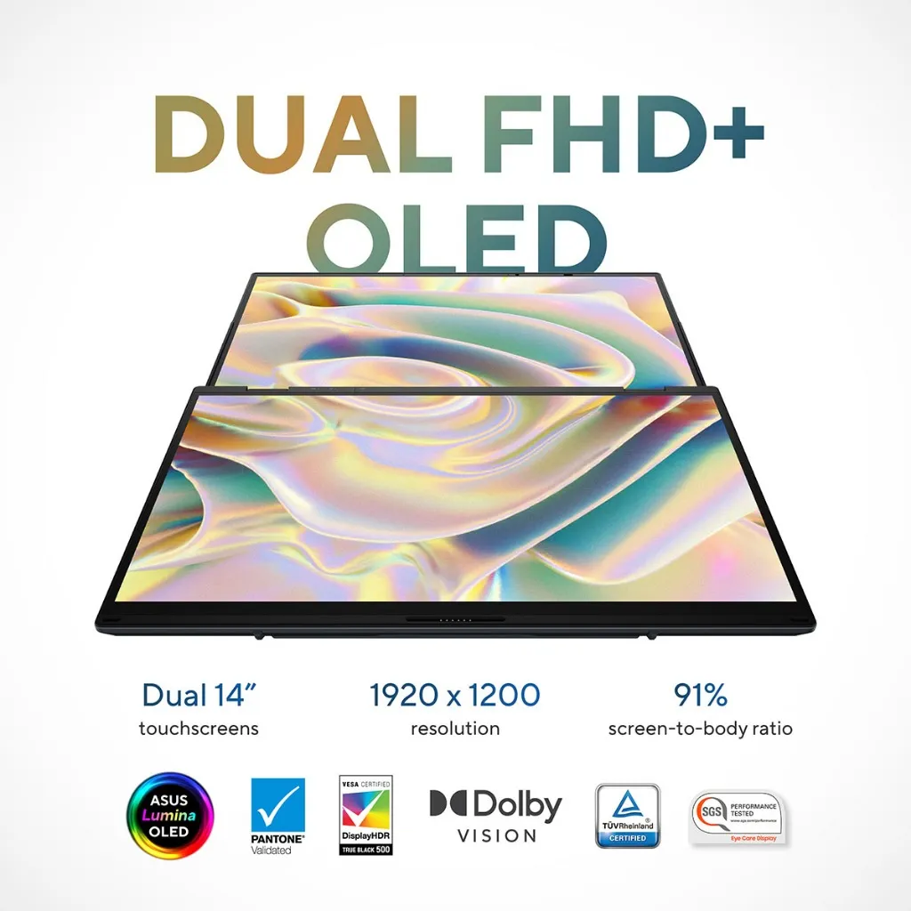 ASUS Zenbook DUO UX8406CA หน้าจอ OLED คู่ ความละเอียด FHD พร้อมสีสันคมชัด